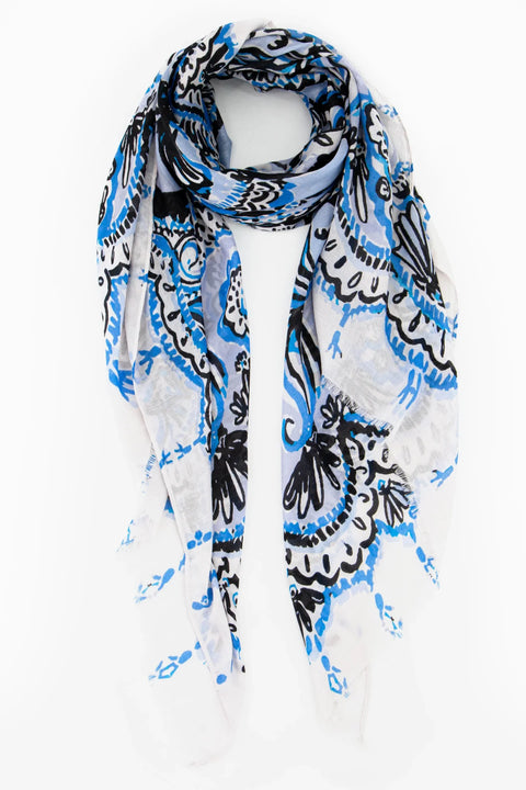 Miss Shorthair 2122BLB Ornate Under The Sea Shell And Fish Print Scarf In Black & Light Blue