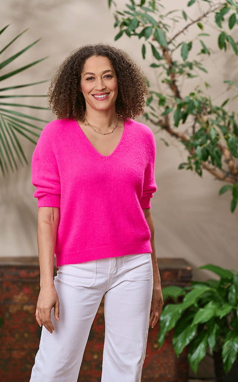 Luella Valentina Short Sleeve V Neck Alpaca Knit Jumper In Fluorescent Pink