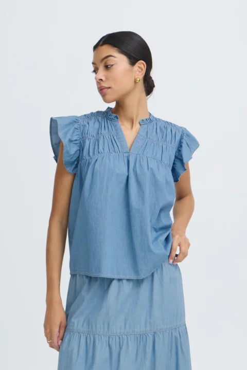 B Young Kashe Blouse In Light Blue Denim