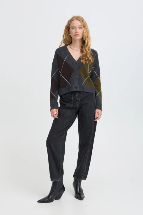 B Young Osmilla Cardigan In Dark Grey Melange Argyle