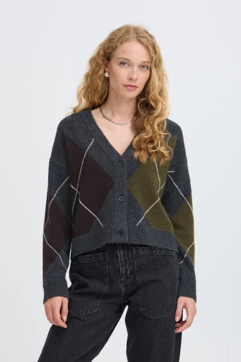 B Young Osmilla Cardigan In Dark Grey Melange Argyle