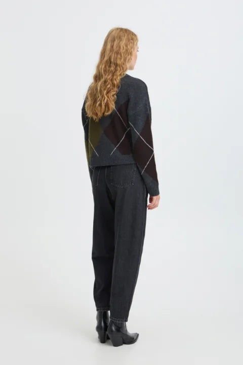 B Young Osmilla Cardigan In Dark Grey Melange Argyle