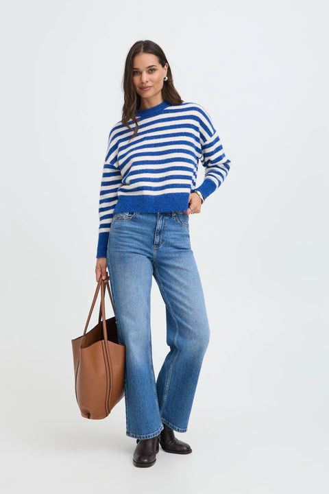 B Young Omea Crew Jumper In Blue Depths Mel. Stripe