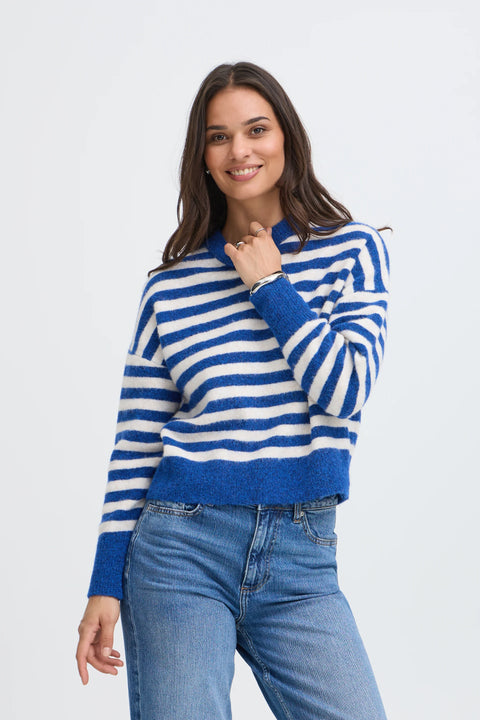 B Young Omea Crew Jumper In Blue Depths Mel. Stripe