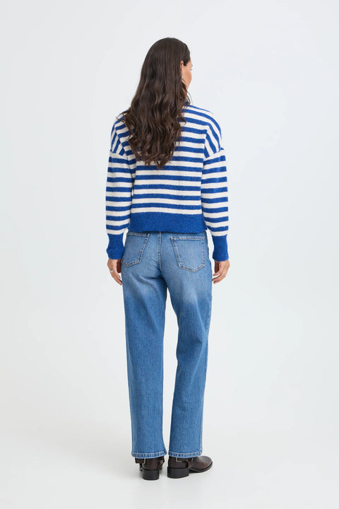 B Young Omea Crew Jumper In Blue Depths Mel. Stripe