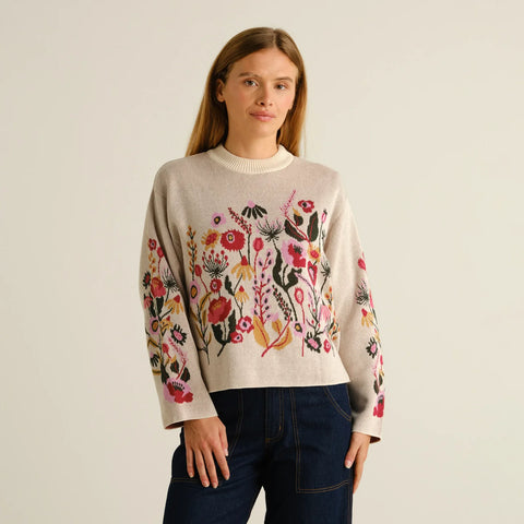 Dedicated 23646 Sweater Limhamn Folk Flower Vanilla White Whitecap Gray