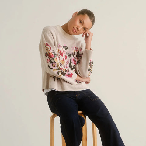 Dedicated 23646 Sweater Limhamn Folk Flower Vanilla White Whitecap Gray