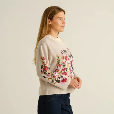 Dedicated 23646 Sweater Limhamn Folk Flower Vanilla White Whitecap Gray