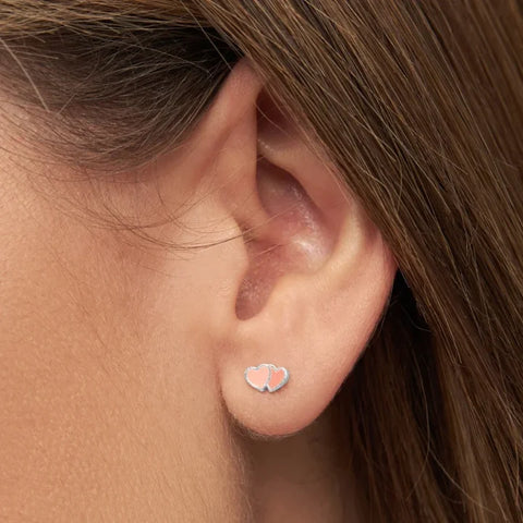 LULU Copenhagen LULU1489 2Hearts silver plated Ear stud In Burnt Coral-Orange Coral