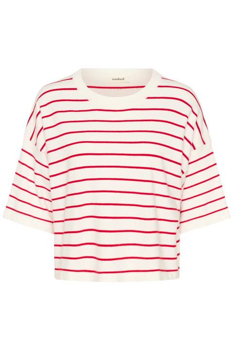 Soaked In Luxury Spina Boxy Pullover SS In White w Goji Berry Stripe