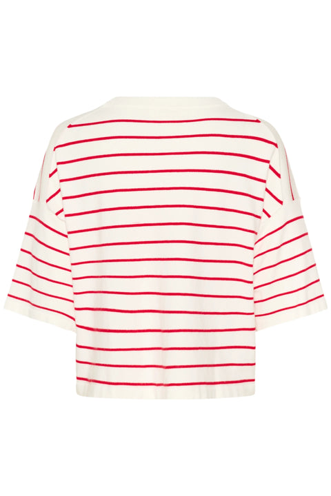 Soaked In Luxury Spina Boxy Pullover SS In White w Goji Berry Stripe