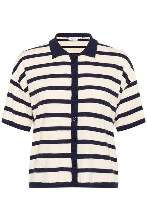 Saint Tropez Likam Striped Polo Cardigan In Winter White Nightsky Stripe