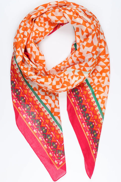 Miss Shorthair 3146OF Cotton Mosaic Print Scarf with Patterned Border in Orange