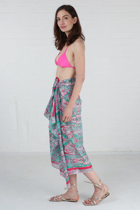 Miss Shorthair 3154GRHP Ornate Paisley Print Stripe Border Cotton Scarf in Green Hot Pink