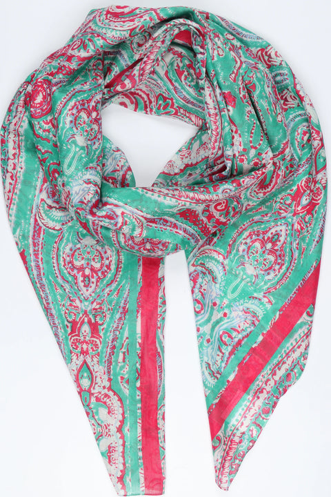 Miss Shorthair 3154GRHP Ornate Paisley Print Stripe Border Cotton Scarf in Green Hot Pink