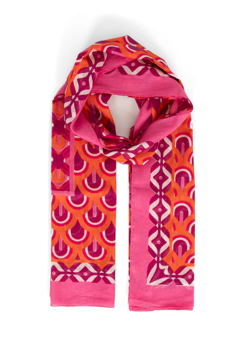 Miss Shorthair 3213HPO Dahlia Lightweight Cotton Scarf - Hot Pink/Orange, Retro Geometric Print
