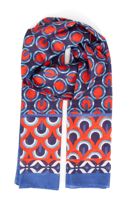 Miss Shorthair 3213GRPI Dahlia Lightweight Cotton Scarf - Green/Pink, Retro Geometric