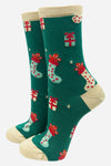 Miss Shorthair 4447STOCGR Green Women's Stocking and Gift Print Bamboo Socks