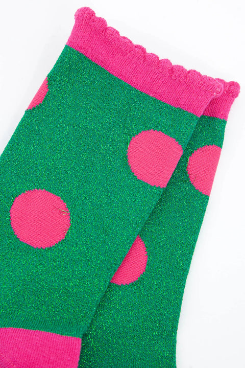 Miss Shorthair 4492GRHP8 (CODED AS 4459) Cotton Blend Socks with Large Glitter Spot & Scalloped Cuff in Green Hot Pink