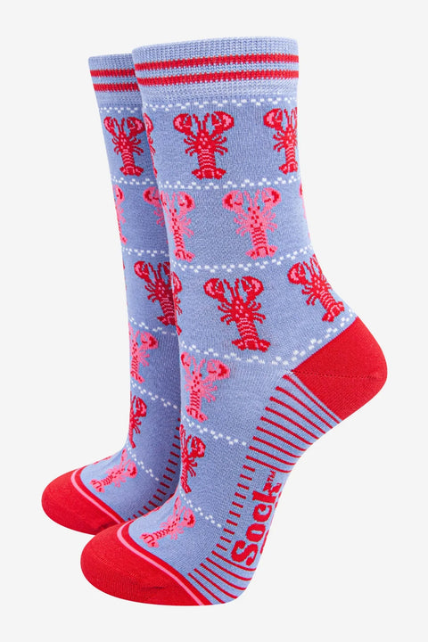 Miss Shorthair 4461LOBSSB - Women's Bamboo Socks - Light Blue/Red, Lobsters