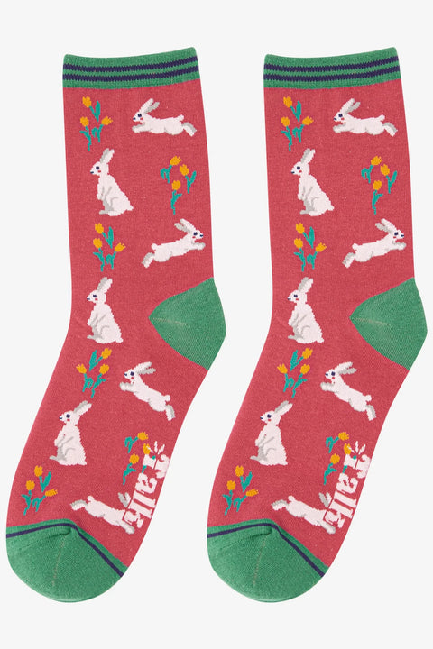 Miss Shorthair 4480RABPI  Spring Rabbit Print Bamboo Socks in Pink Green