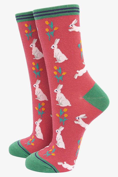 Miss Shorthair 4480RABPI  Spring Rabbit Print Bamboo Socks in Pink Green