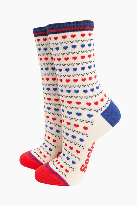 Miss Shorthair 4484HEARCR  Bamboo Socks Cream/Red/Blue, Heart Fair Isle