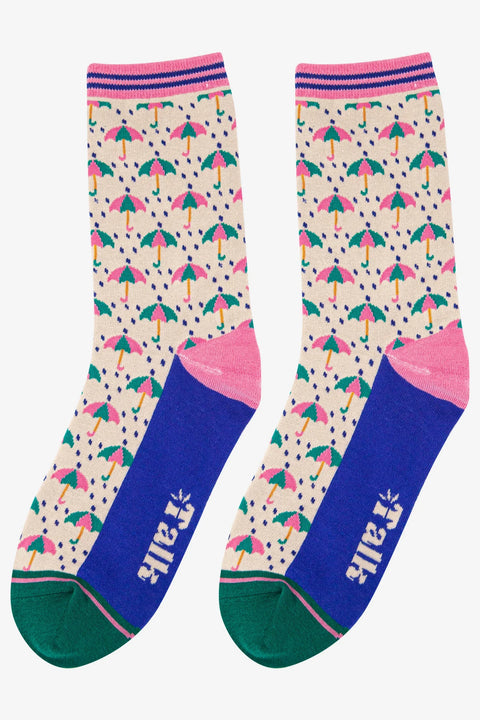 Miss Shorthair 4484UMCR  Umbrella and Rain Bamboo Socks in Cream Blue