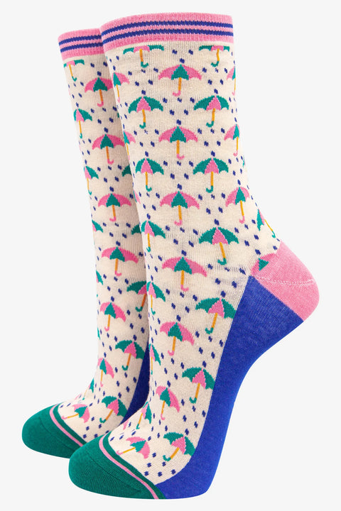 Miss Shorthair 4484UMCR  Umbrella and Rain Bamboo Socks in Cream Blue