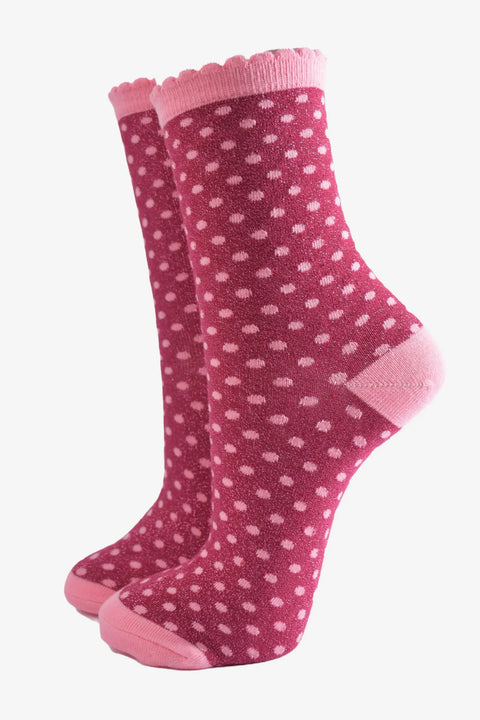 Miss Shorthair 4493BYLP8 Women's Scalloped Cuff Socks - Berry, Glitter Polka Dots