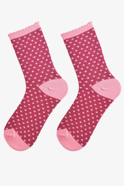 Miss Shorthair 4493BYLP8 Women's Scalloped Cuff Socks - Berry, Glitter Polka Dots