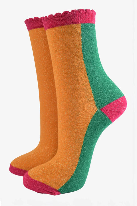Miss Shorthair 4494OGR Women's Ankle Socks - Orange Green, Glitter Colour Block