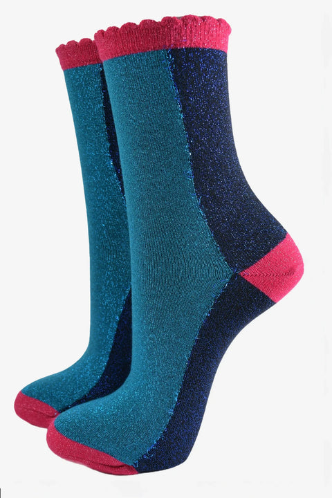 Miss Shorthair 4494TENB Women's Ankle Socks - Teal Navy Blue, Glitter Colour Block