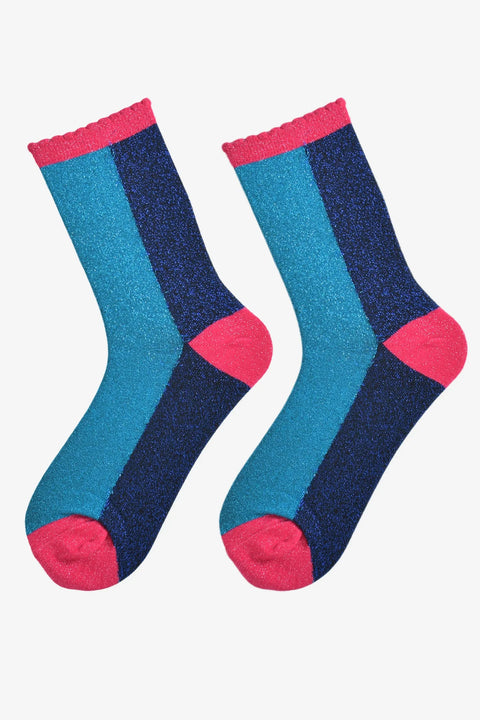 Miss Shorthair 4494TENB Women's Ankle Socks - Teal Navy Blue, Glitter Colour Block