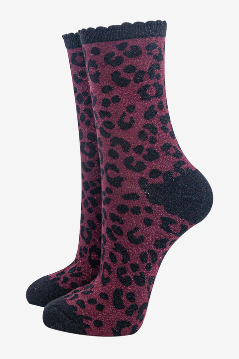 Miss Shorthair 4501BY8 Women's Berry Leopard Print Glitter Socks