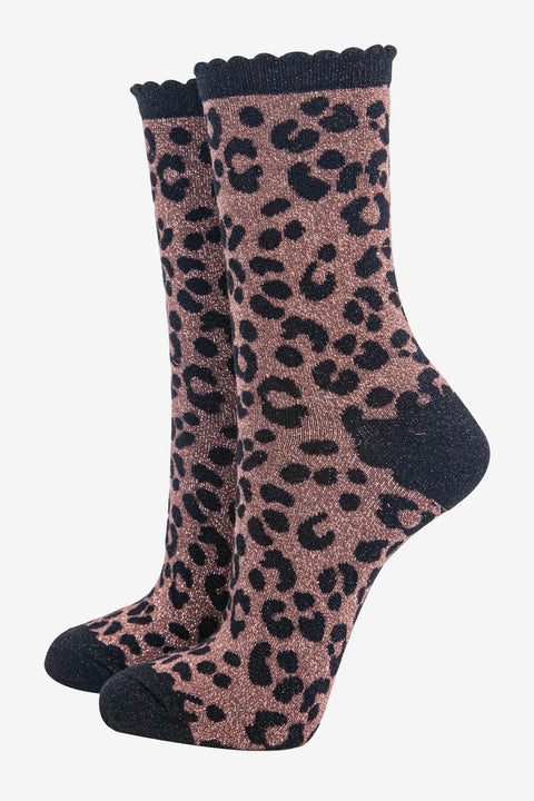 Miss Shorthair 4501CH4 Women's Chocolate Leopard Print Glitter Socks