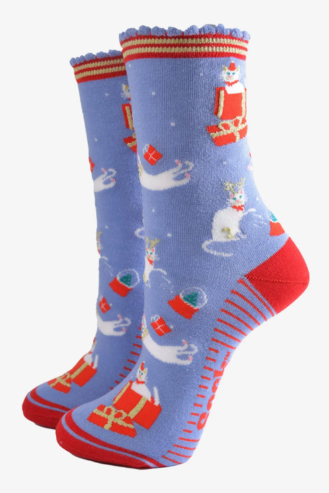 Miss Shorthair 4501CHCABL Women's Bamboo Socks- Blue Red Christmas Cats