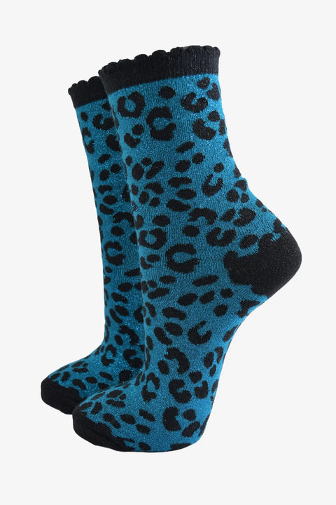 Miss Shorthair 4501TEB14 Women's Ankle Socks - Teal , Glitter Leopard Print