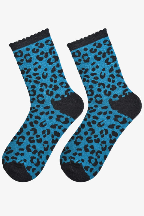 Miss Shorthair 4501TEB14 Women's Ankle Socks - Teal , Glitter Leopard Print