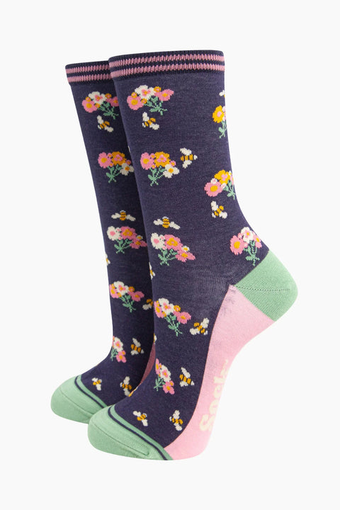 Miss Shorthair 4524FLOWNB  Bamboo Socks Navy, Bee Flower Posy