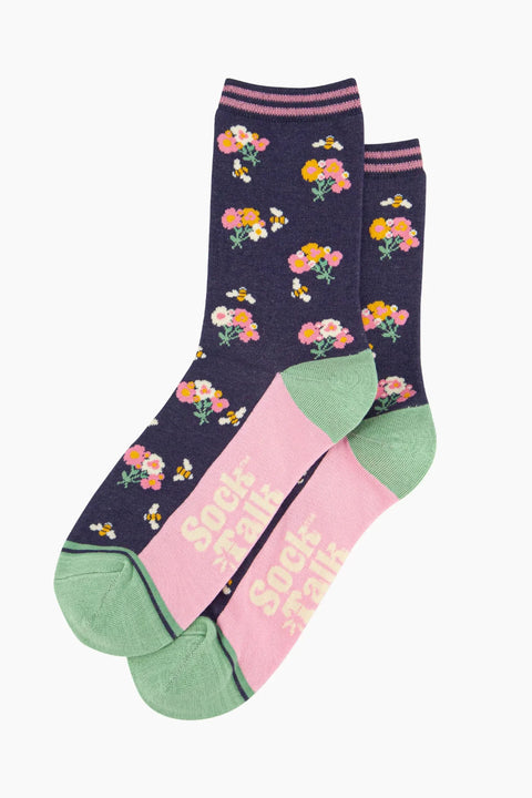 Miss Shorthair 4524FLOWNB  Bamboo Socks Navy, Bee Flower Posy