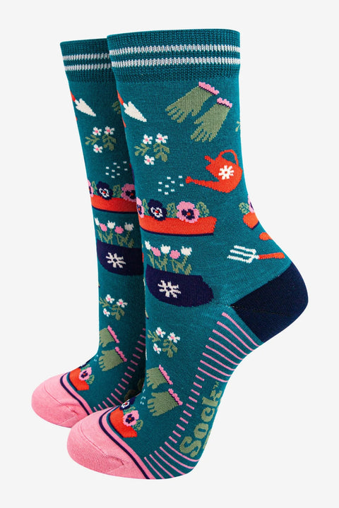 Miss Shorthair 4524GARDTE - Women's Bamboo Socks - Teal/Pink, Gardening