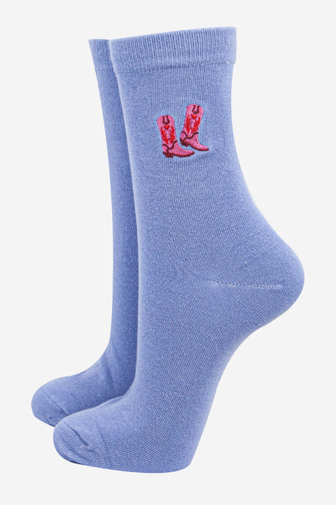 Miss Shorthair 4535BOOTLB Women's Embroidered Ankle Socks- Light Blue, Cowboy Boots
