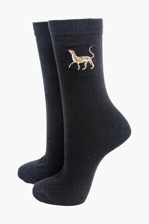 Miss Shorthair 4535LEOPB Women's Embroidered Ankle Socks- Black, Cheetah