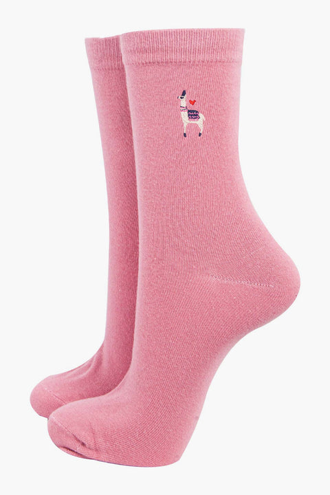 Miss Shorthair 4535LLAPI Women's Embroidered Ankle Socks- Pink, Llama