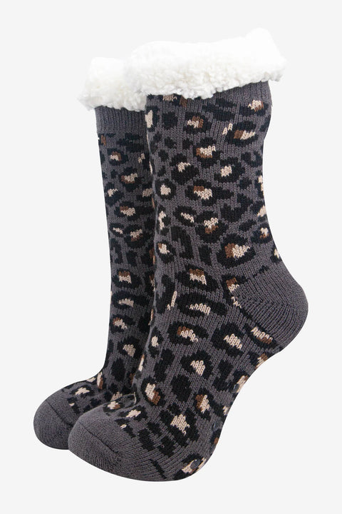 Miss Shorthair 4536LEODG Women's Long Slipper Sock- Dark Grey, Leopard