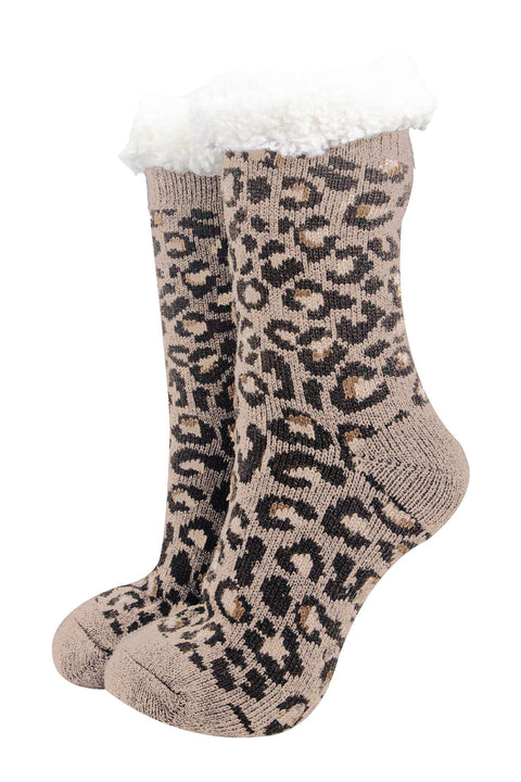 Miss Shorthair 4536LEONEU Women's Long Slipper Sock- Neutral, Leopard