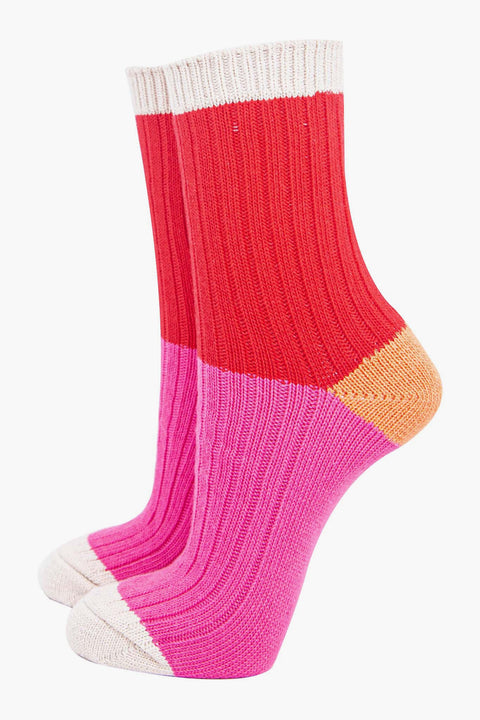 Miss Shorthair 4546MUCBPIRE Women's Mid-Calf Socks- Red/Pink, Colour Block