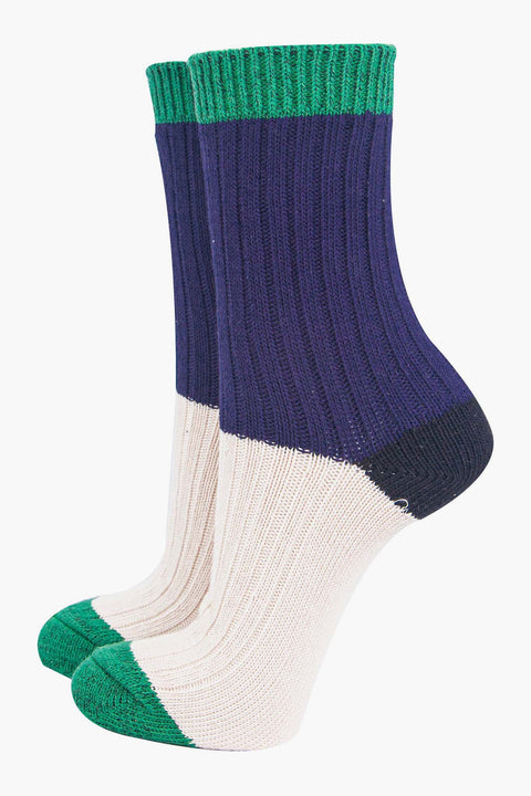Miss Shorthair 4546MUCBCRNB Women's Mid-Calf Socks- Navy Blue/Cream, Colour Block