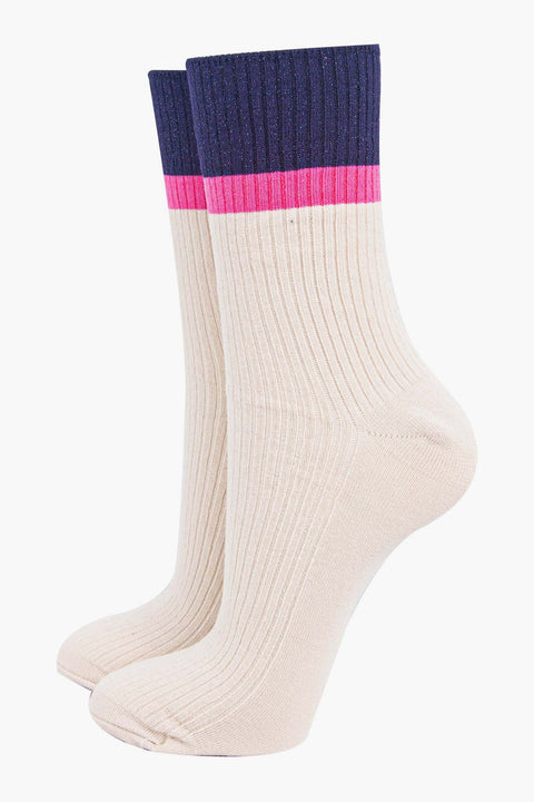 Miss Shorthair 4547STCUCRNB Women's Mid-Calf Socks- Cream/Navy Blue, Contrast Cuff